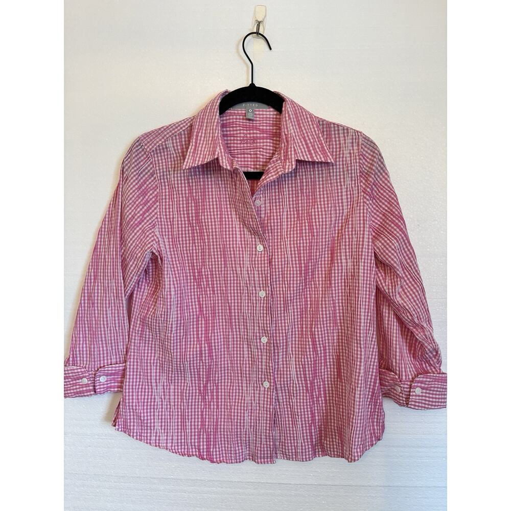 Foxcroft Pink & White Gingham Button up Textured SZ 6 Country Cottage, Homestead